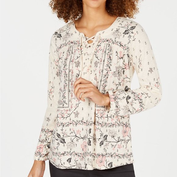 Style & Co. Tops - Style & Co Creme Floral Print Lace-Up Top Size PS